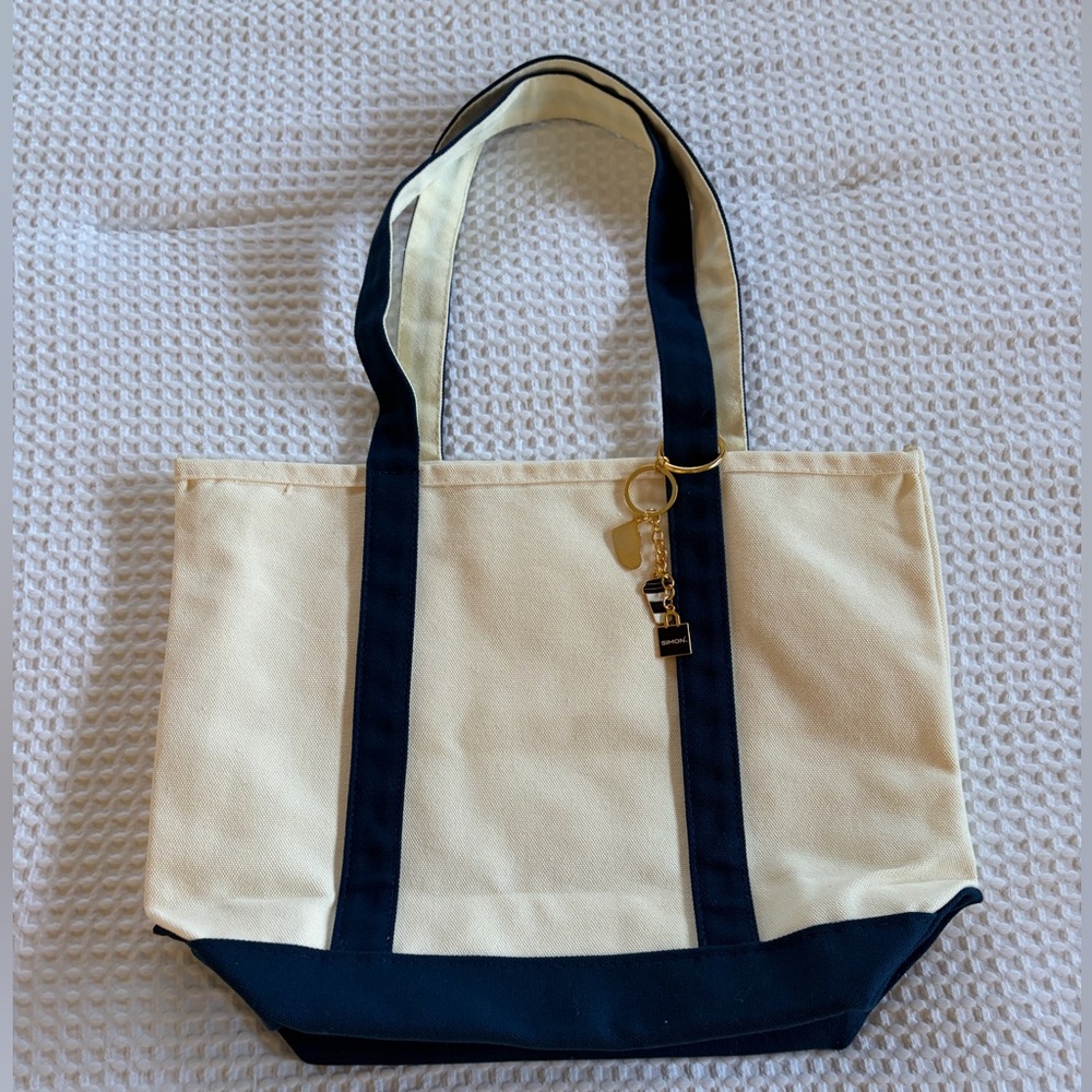 Cream Canvas Tote Bag with Navy Trim and Gold Charm